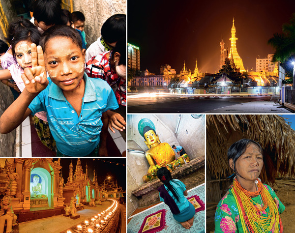 Clockwise from top left: Burmese schoolchildren enjoy a visit to a temple complex in Mrauk U, Rakhine State; night traffic races around the golden Sule Paya in downtown Ragoon, increasingly dwarfed by new buildings; a Naga woman stands in front of her home in San Ton Village, Nagaland; a woman prays at a temple in Mrauk U, Rakhine State (recently the site of violent ethnic clashes); dusk falls at Shwedagon Pagoda, one of the most important Buddhist sites in Burma. Photos by CEJ Simons Photography.