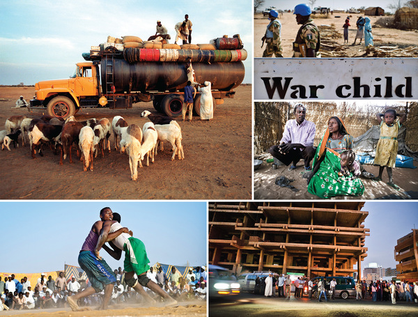Clockwise from top left: Loading sheep onto a truck crossing the desert in the Kordofan region of central Sudan. UN peacekeepers patrolling through Nyoro, in 
Western Darfur, as displaced people returned home for the first time in a decade in 2012. The Abubakir family – Abdallah, Asha, Mustapha and Salima – were among those returning to their home in Darfur after fleeing to Chad in 2003. People and buses in the capital, Khartoum, in front of a high-rise building unfinished for lack of funds. A wrestling competition in the north of Khartoum organized by the city’s Nuba community. Photos by Sven Torfinn/Panos Pictures