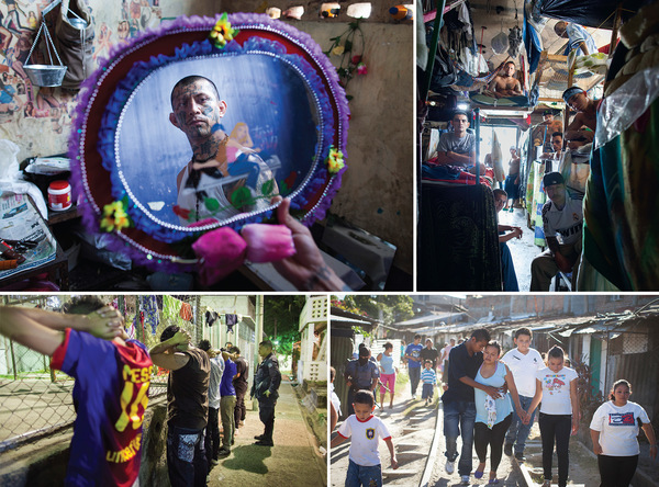 Clockwise from top left: Gang leader Carlos Tiberio Valladares mirrored in his prison cell in Ciudad Barrios. At the time photographed, while the truce (see opposite) was still in operation, this prison was not only reserved for members of the Mara Salvatrucha (MS-13) gang but was even run by them without guards. As the photo top right shows, 70 inmates live in cells designed for 20, with beds hanging from the ceiling due to the lack of floor space.  The photo bottom left shows police in the capital, San Salvador, searching members of the rival Barrio 18 gang. Bottom right: Valeria Michel Hercules is supported by friends on the way to the funeral of her stillborn child in the Las Victorias district of San Salvador. Photos by Adam Hinton/Panos Pictures