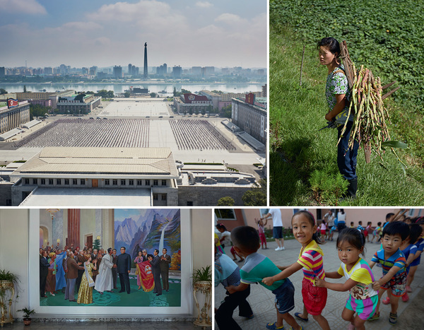 Top left: A view of the capital, Pyongyang, showing schoolchildren practising for the National Day parade in Kim Il-Sung Square, with the Juche Tower and a large new LCD screen in the distance.  Top right: A woman from a rural workgroup just north of Pyongyang. Bottom right: Performing for foreign visitors in a rural kindergarten. Bottom left: A typical propaganda image – most North Koreans retain the sense that their leaders are admired abroad as well as at home.Photos by Christian Petersen-Clausen.