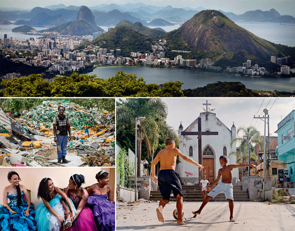 Clockwise from top: The iconic view of Rio and the Lagoa da Zona Sul; the beautiful game outside a church in Providencia, Rio’s oldest favela; 15-year-old belles from the Cerro-Korah favela attending a debutante ball organized as a good-will gesture by the Pacifying Police Unit; Zumbi da Silva, a former rubbish-picker in Esqueleto who now works in a new recycling co-operative. Photos by Lianne Milton / Panos Pictures.
