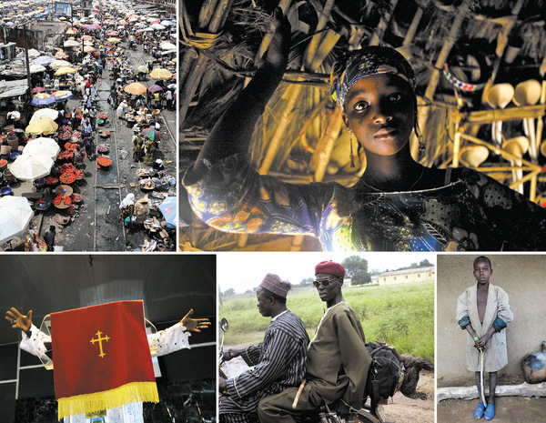 Clockwise from top right: A young woman from an animist community listens to a visiting Christian preacher in Maiduguri, Borno state; a boy who lives by a river that has burst its banks in Wase, Plateau state; two men ride a motorbike through Plateau state in rather more comfort than their hen; Pastor Fred Adda addresses his congregation in the International Praise Cathedral in Kaduna; a market scene in Lagos. Photos by Seamus Murphy/ Panos Pictures.