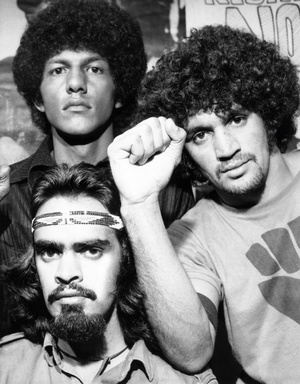 A 21-year-old Gary Foley (bottom) and members of the Aboriginal Black Power group in 1972.