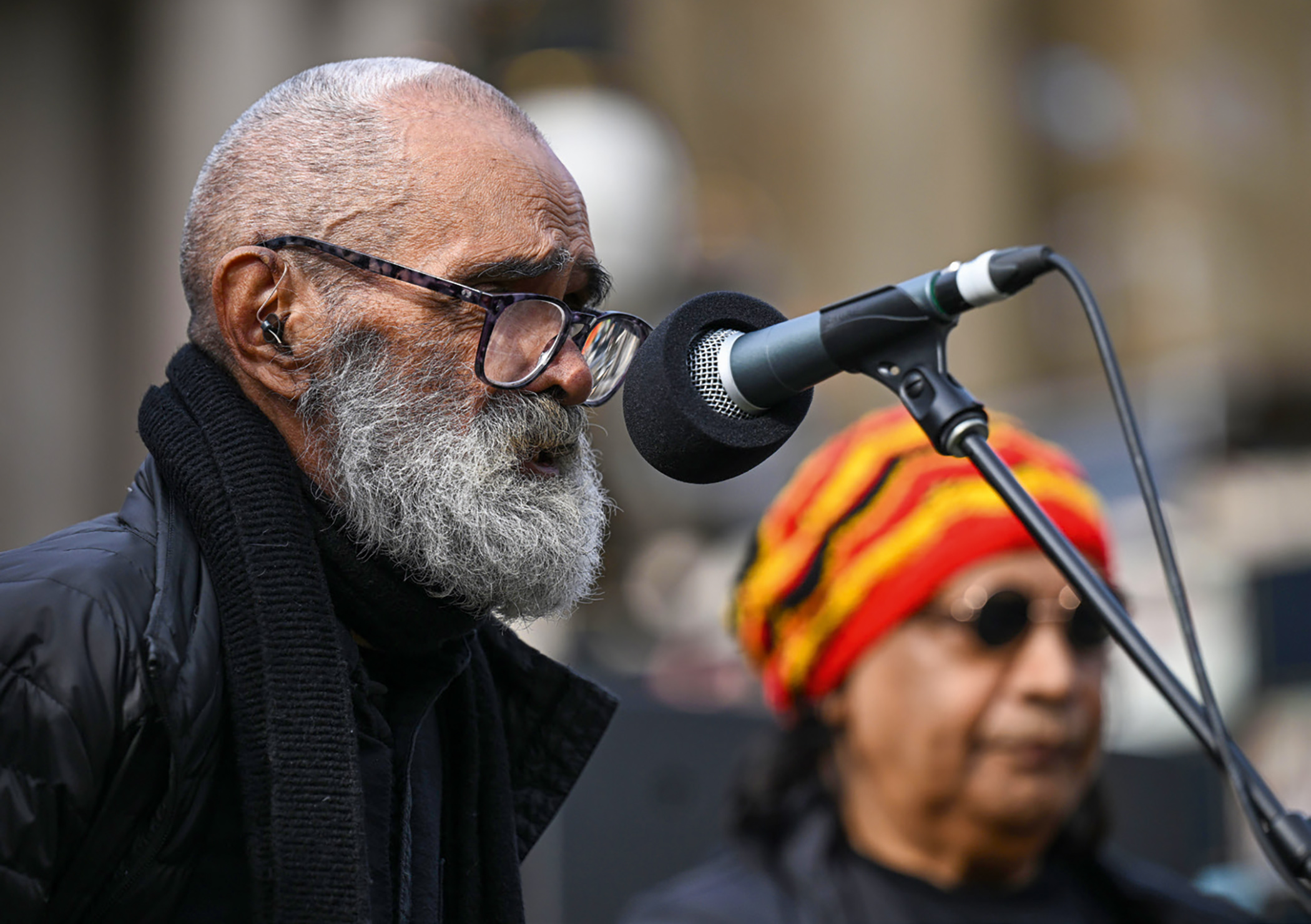 Gary Foley speaks during the annual Victorian NAIDOC march in Melbourne in July 2023.