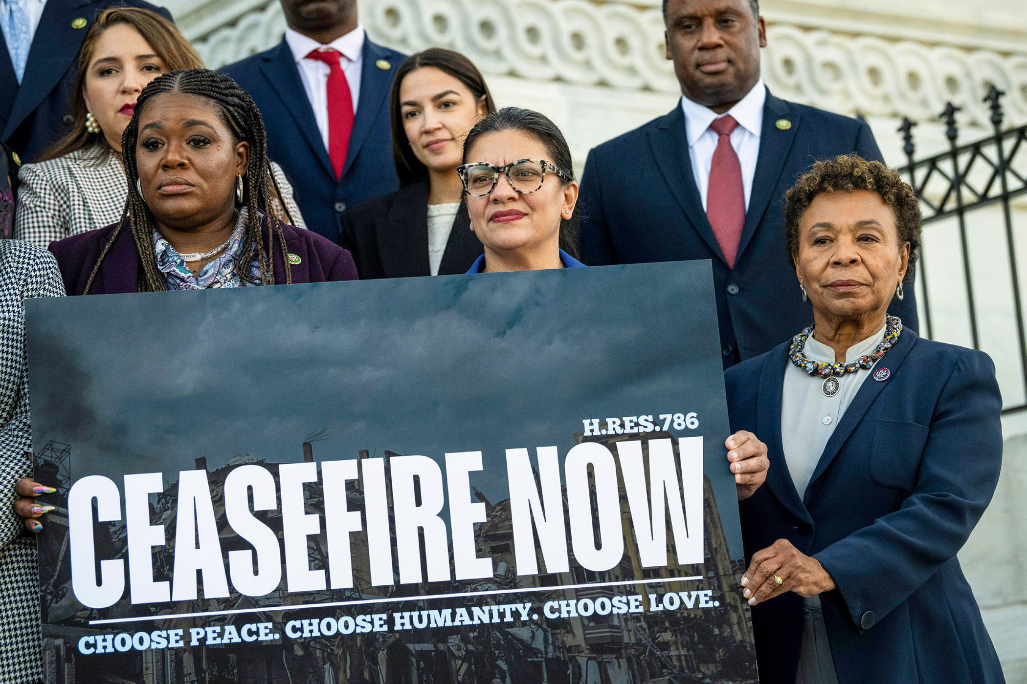 Democrats including Cori Bush, Alexandria Ocasio-Cortez, Rashida Tlaib and Barbara Lee, demanding a ceasefire after a vote in the House of Representatives, 8 November 2023. Democrats including Cori Bush, Alexandria Ocasio-Cortez, Rashida Tlaib and Barbara Lee, demanding a ceasefire after a vote in the House of Representatives, 8 November 2023.