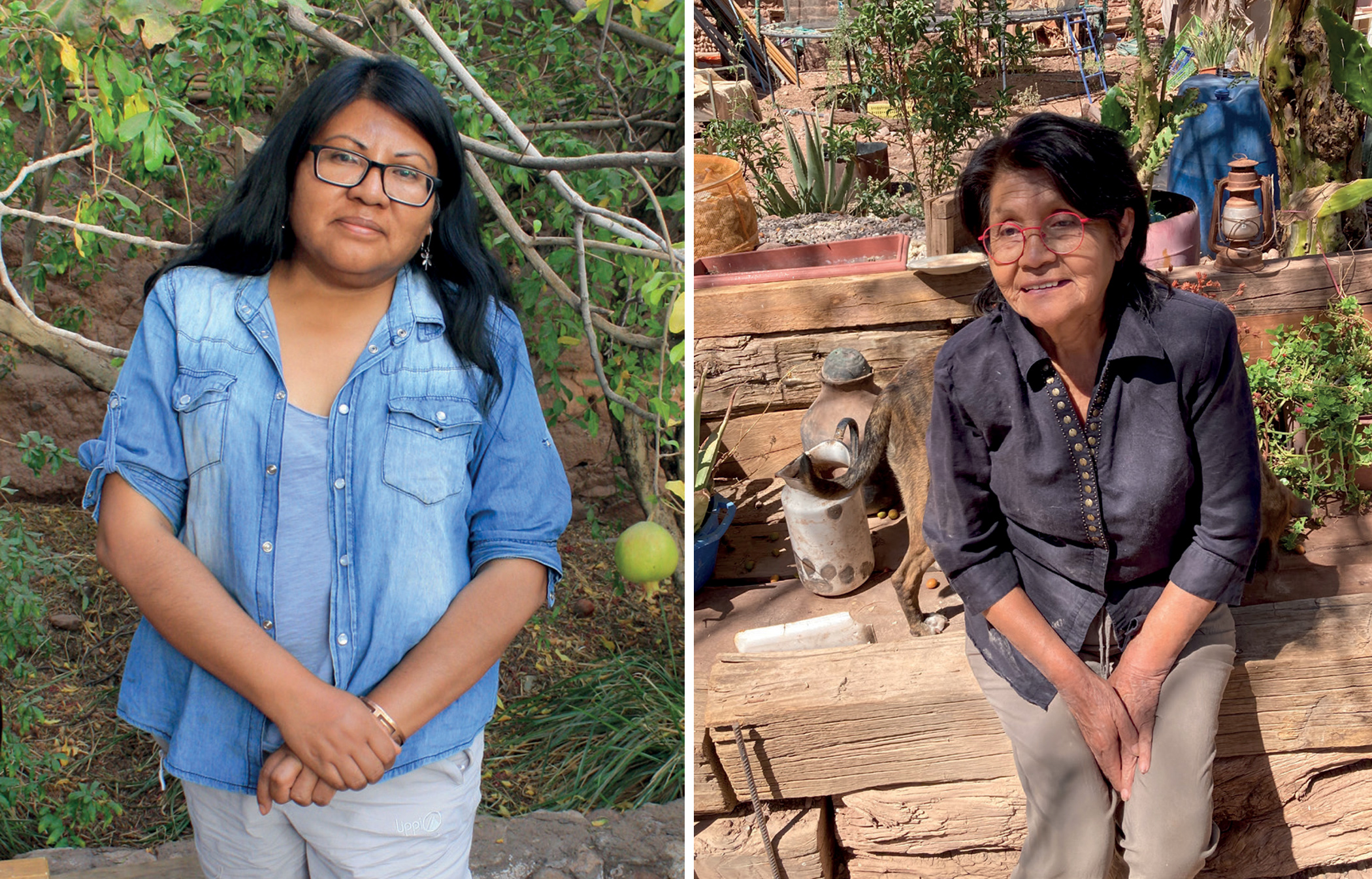 Oriana Mora, researcher and activist from Peine (left) and traditional Lickanantay healer Sonia Ramos (right) in her garden in Solcor.