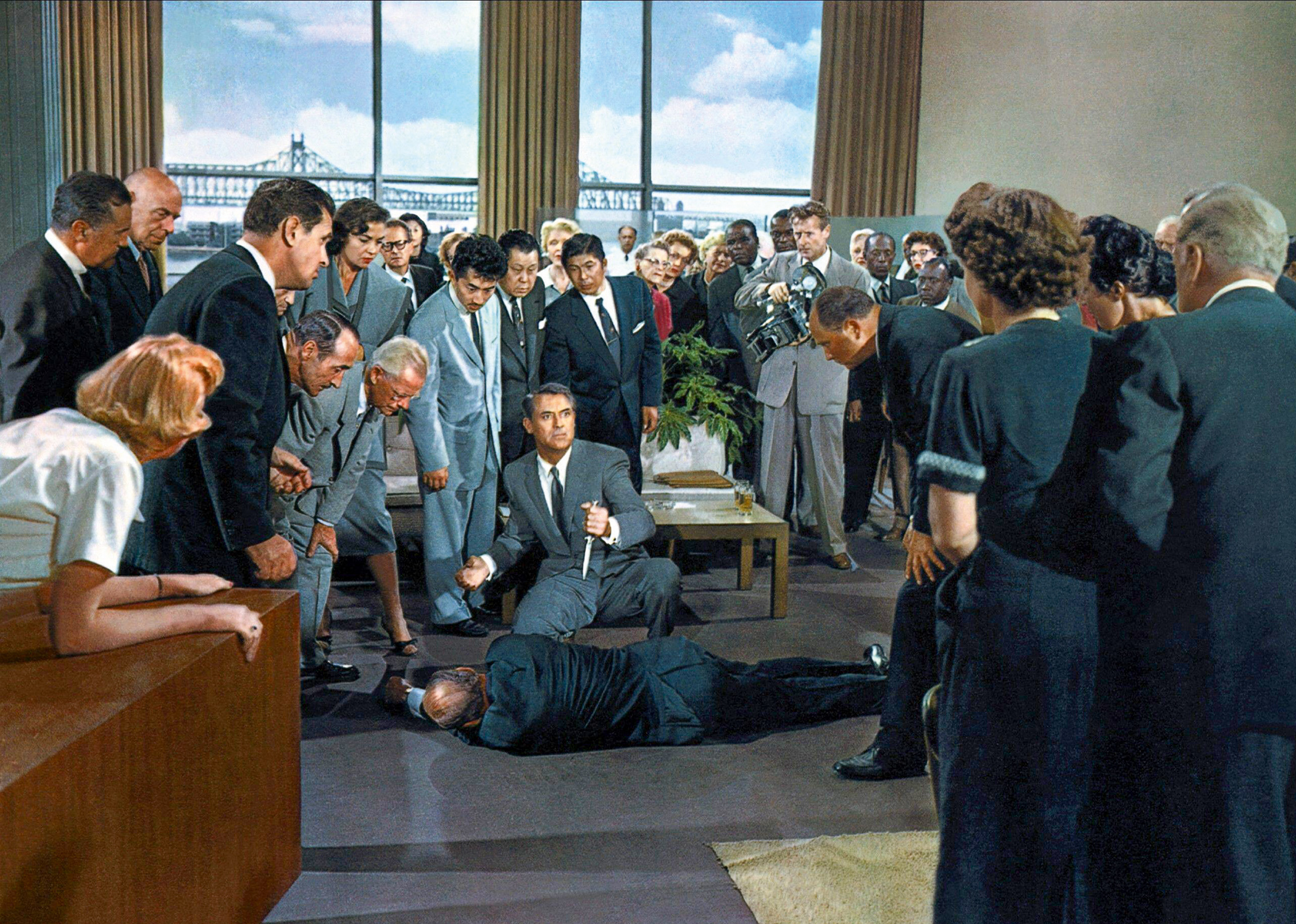 Roger Thornhill, played by Cary Grant, finds himself framed for murder at UN headquarters in Alfred Hitchcock’s North by Northwest.