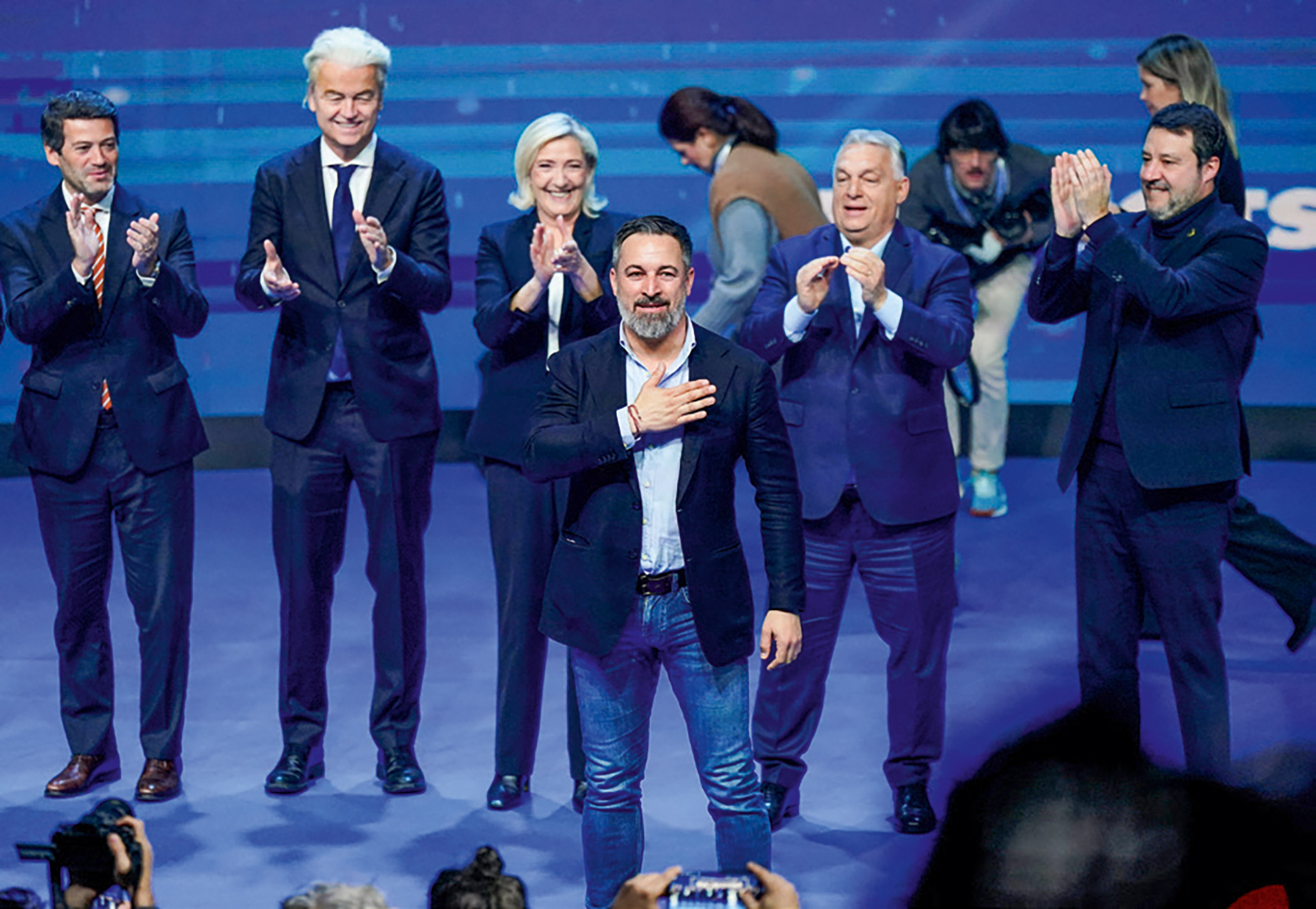 Leaders of Europe’s far right parties – Spain’s Vox leader Santiago Abascal (centre), Portugal’s Chega leader Andre Ventura (far left), the Netherland’s Geert Wilders, France’s Marine Le Pen, Hungary’s Viktor Orban and the Italian Deputy Prime Minister Matteo – converge at the ‘Patriots’ summit in Madrid, Spain, on 5 February 2025. Leaders of Europe’s far right parties – Spain’s Vox leader Santiago Abascal (centre), Portugal’s Chega leader Andre Ventura (far left), the Netherland’s Geert Wilders, France’s Marine Le Pen, Hungary’s Viktor Orban and the Italian Deputy Prime Minister Matteo – converge at the ‘Patriots’ summit in Madrid, Spain, on 5 February 2025.