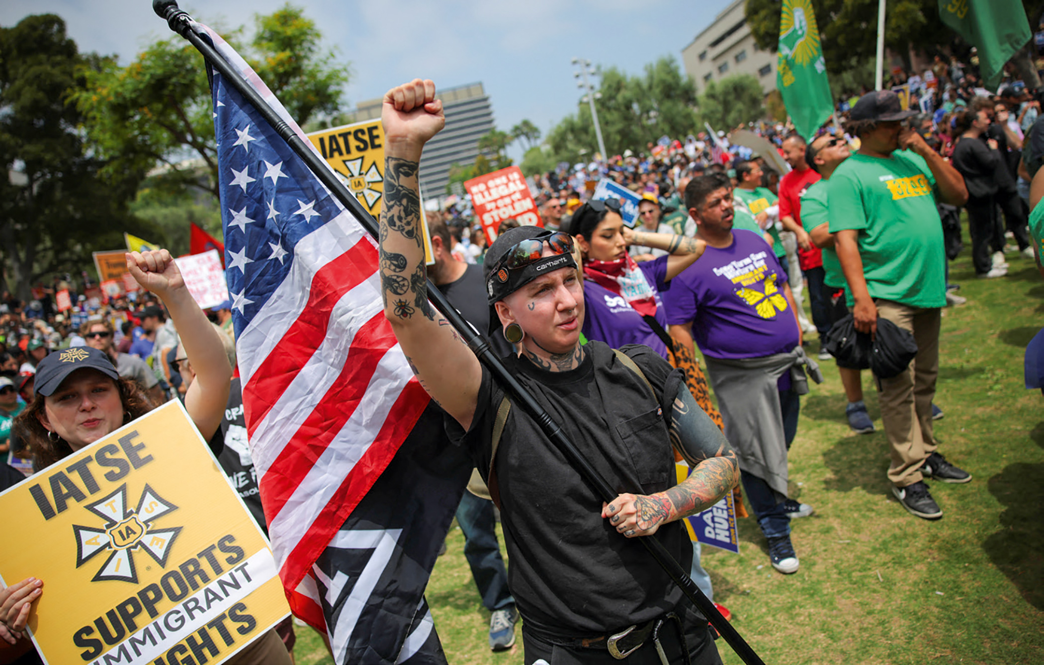 Members of the theatre workers’ union IATSE join a rally against the Trump administration’s sweeping immigration raids in Los Angeles on 9 June 2025. Members of the theatre workers’ union IATSE join a rally against the Trump administration’s sweeping immigration raids in Los Angeles on 9 June 2025.