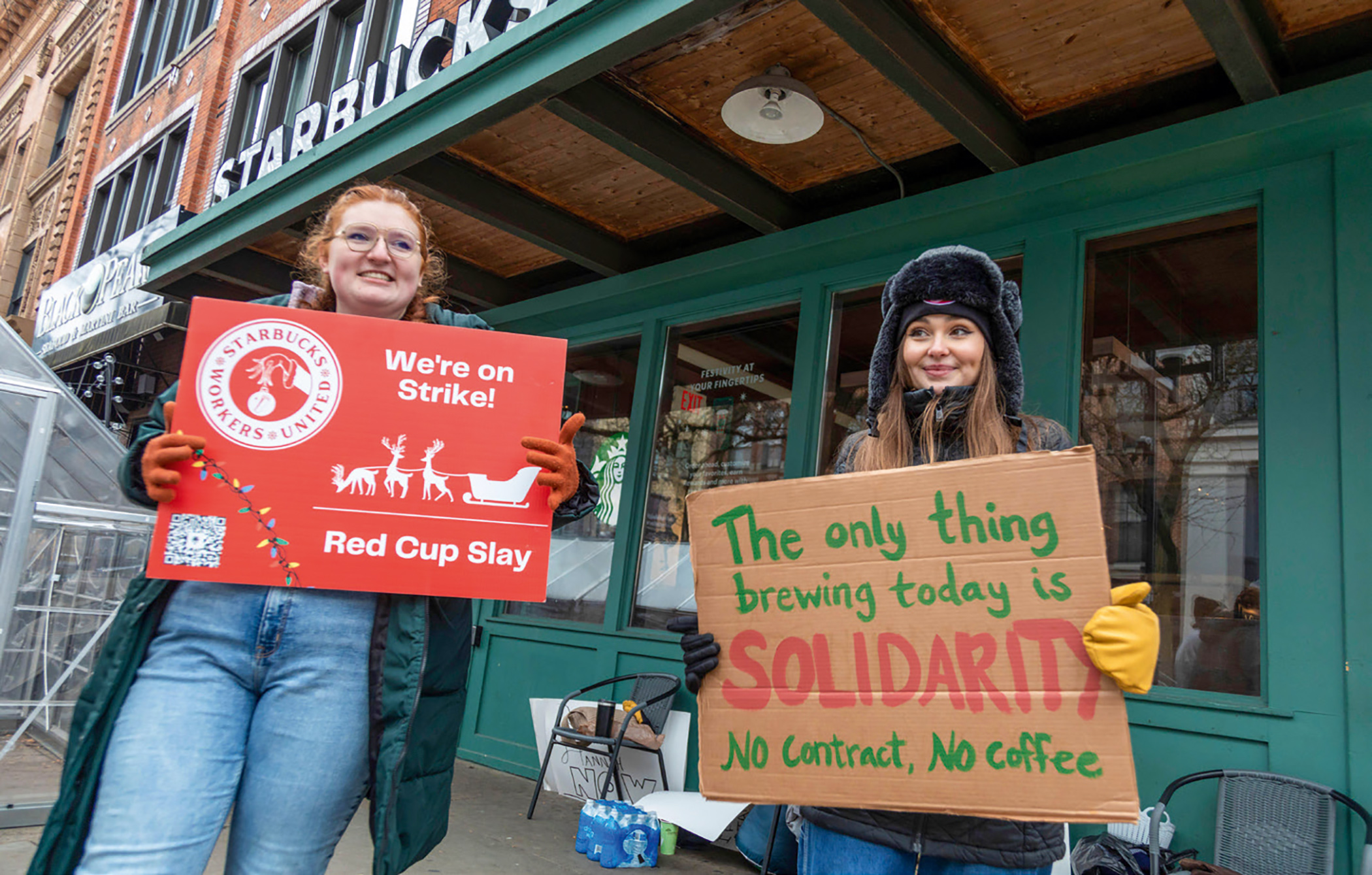 Starbucks workers in Michigan, US, join a nationwide strike on 17 November 2022. Starbucks Workers United have used their large public platform to support struggles for trans rights and Palestine. Starbucks workers in Michigan, US, join a nationwide strike on 17 November 2022. Starbucks Workers United have used their large public platform to support struggles for trans rights and Palestine.