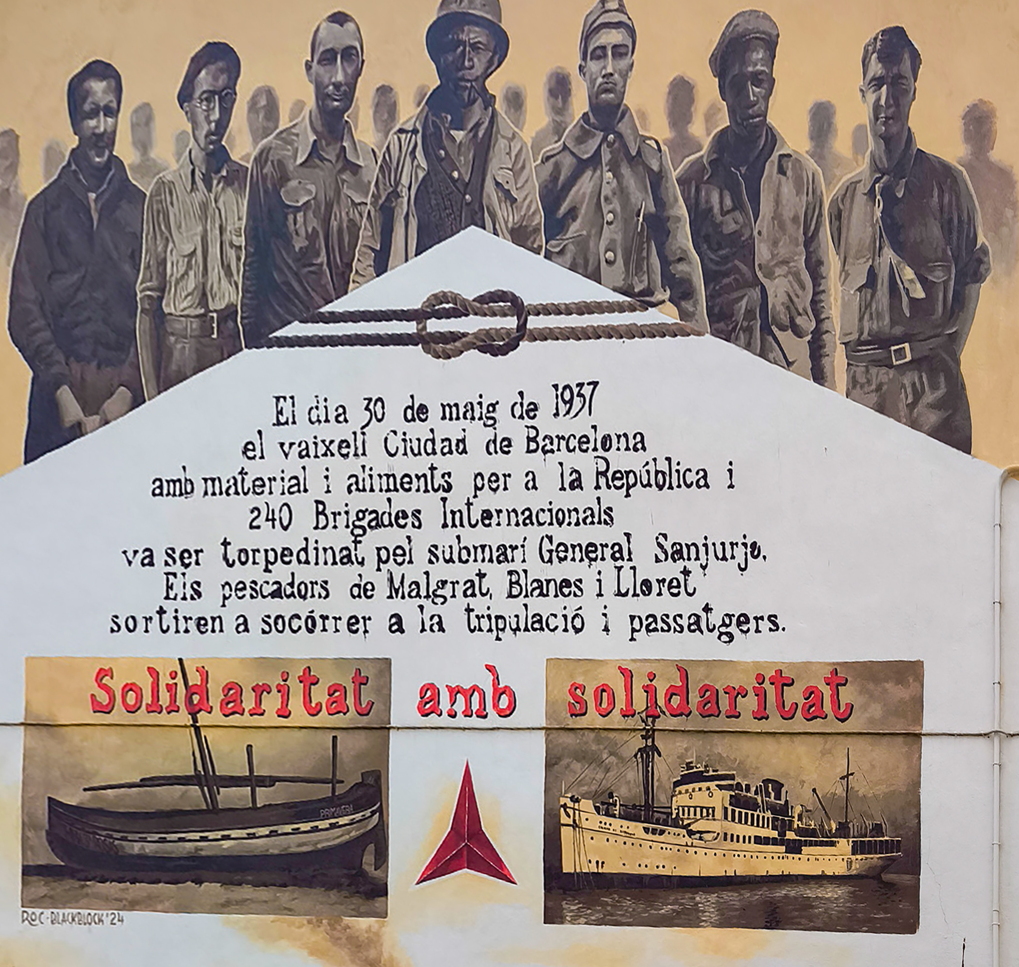 A mural outside Malgrat de Mar train station commemorates the 1937 sinking of the Ciudad de Barcelona by fascist forces. The attack, carried out by a Mussolini submarine, killed at least 60 international volunteers on their way to join the fight against Franco in the Spanish Civil War. A mural outside Malgrat de Mar train station commemorates the 1937 sinking of the Ciudad de Barcelona by fascist forces. The attack, carried out by a Mussolini submarine, killed at least 60 international volunteers on their way to join the fight against Franco in the Spanish Civil War.