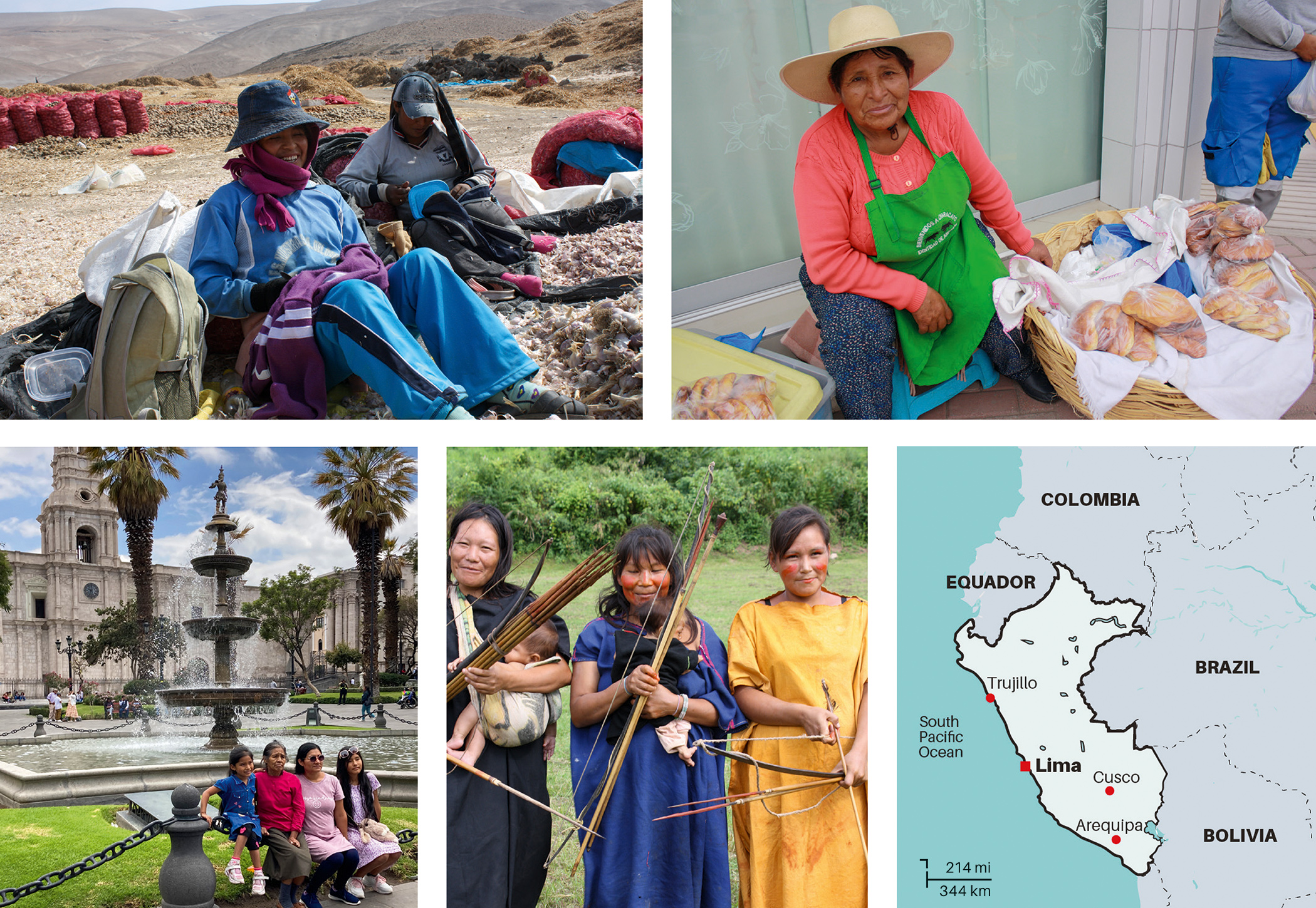 Clockwise from top left: agricultural workers sorting garlic, Puno region; street-vendor in Cocachacra, Tambo Valley; Asháninka women displaying traditional weapons, Ene River, Junin; holidaymakers in Arequipa’s city centre. Clockwise from top left: agricultural workers sorting garlic, Puno region; street-vendor in Cocachacra, Tambo Valley; Asháninka women displaying traditional weapons, Ene River, Junin; holidaymakers in Arequipa’s city centre.