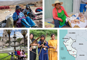 Clockwise from top left: agricultural workers sorting garlic, Puno region; street-vendor in Cocachacra, Tambo Valley; Asháninka women displaying traditional weapons, Ene River, Junin; holidaymakers in Arequipa’s city centre.Photos: Vanessa Baird