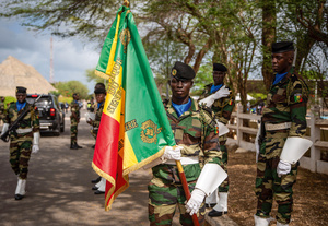 A soldier poses at Camp Geille in Ouakam, Dakar, on 17 July, marking the end of the ceremony to hand over the last two French bases in Senegal and West Africa to the Senegalese Army.Photo: Nicolas Remene/Le Pictorium/Alamy Live News