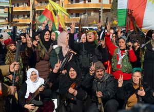 Women from the civil defence forces (HPC) mobilize at a rally in the Kurdish city of Qamishli in northern Syria after Damascuss attack on Rojava in January 2026.Photo: Zac Larkham