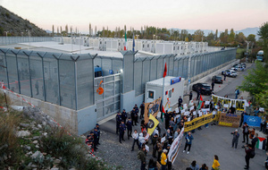 Migrant solidarity activists protest Italy's detention centre in Gjadër, Albania, on 1 November 2025.Photo: Malton Dibra/Iamgo/Alamy