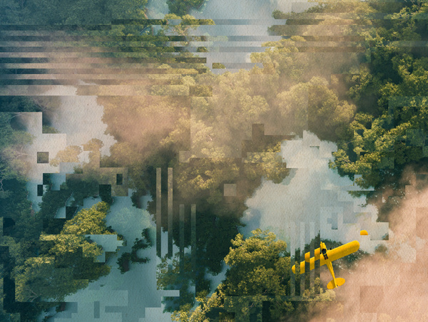 A plane surveys a distorted landscape. Photo: Lone Thomasky &amp; Bits&amp;Baume/betterimagesofai.org/creativecommons-by-4.0