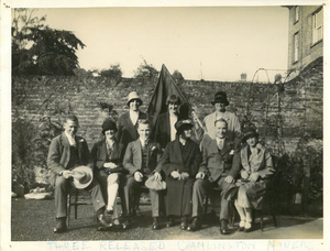 Striking miner William Muckle (centre front row), and other jailed miners, along with their wives and friends celebrating their release from Maidstone Prison. Muckle was among eight men jailed for derailing a passenger train during the strike.Photo: Working Class Movement Library