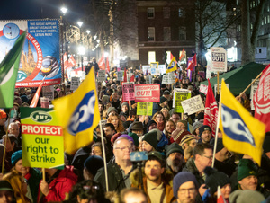 Workers hold placards during a protest against the anti-trade union minimum service levels bill in London on 16 January 2023. The legislation was recently repealed by the current Labour government.Photo: Sopa Images Limited/Alamy Live News