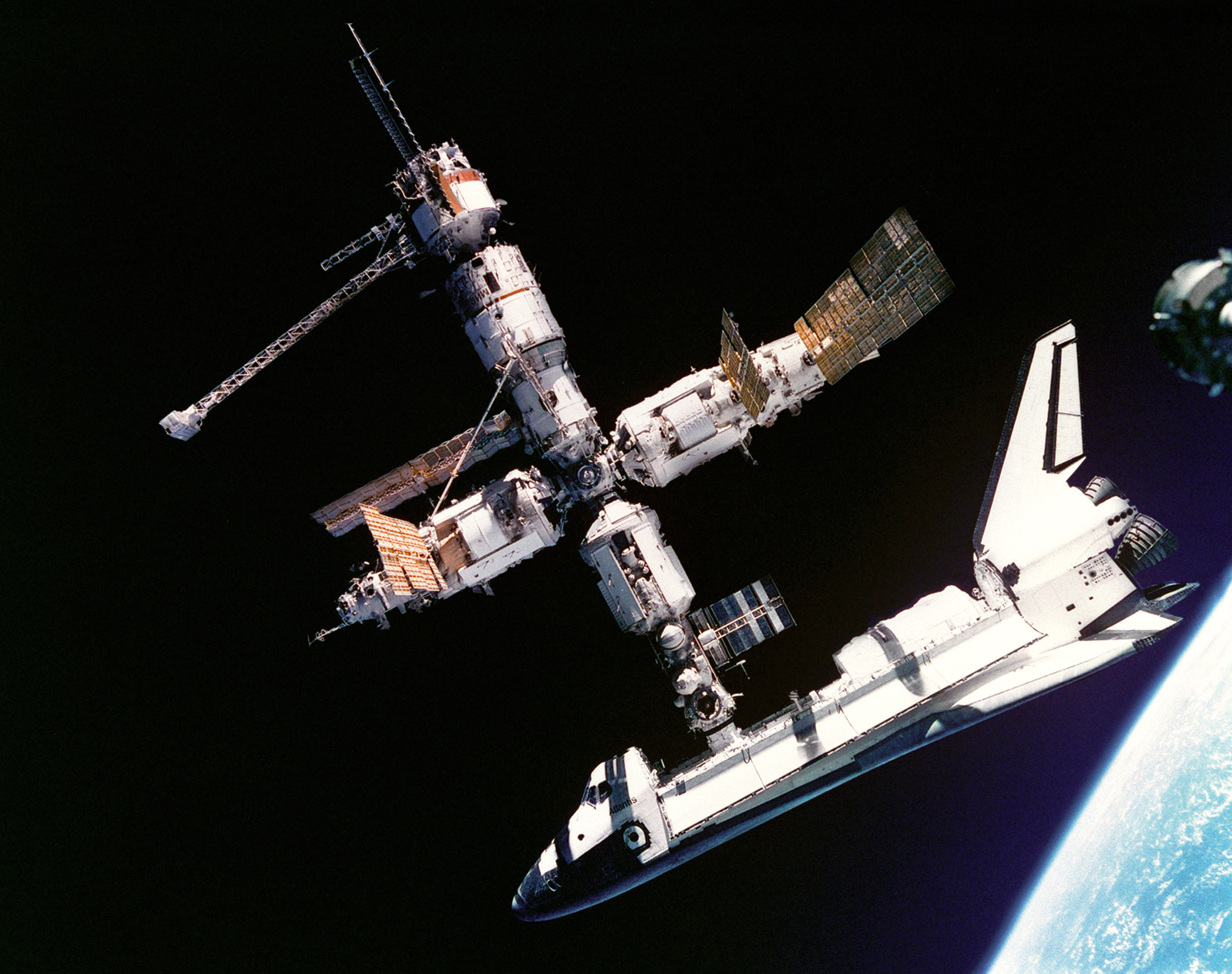 The US’s Space Shuttle Atlantis docked to Russia’s Mir Space Station, July 1995.