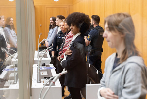 The Ulm 5 enter the courtroom in Stammheim, Stuttgart, Germany on 26 April 2026.Photo: Julian Rettig/DPA/Alamy Live News