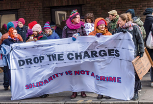 Anti-deportation activists protest outside Chelmsford Crown court where protesters faced terrorism charges for occupying the runway at Stansted Airport. March 2018.Photo: Ian Davidson/Alamy Live News