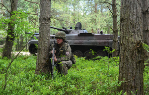 A Polish soldier in front of an amphibious fighting vehicle during exercises in June 2016 in Nowa Deba, Poland, in which 21 NATO nations took part.Photo: DOD Photo/Alamy